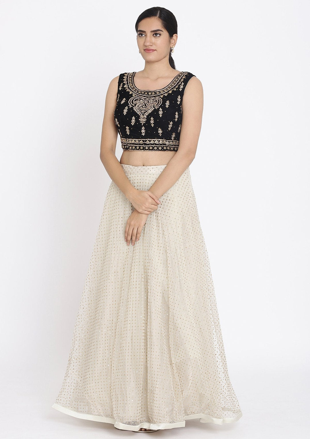 Cream And Black Stonework Net Designer Lehenga - koskii