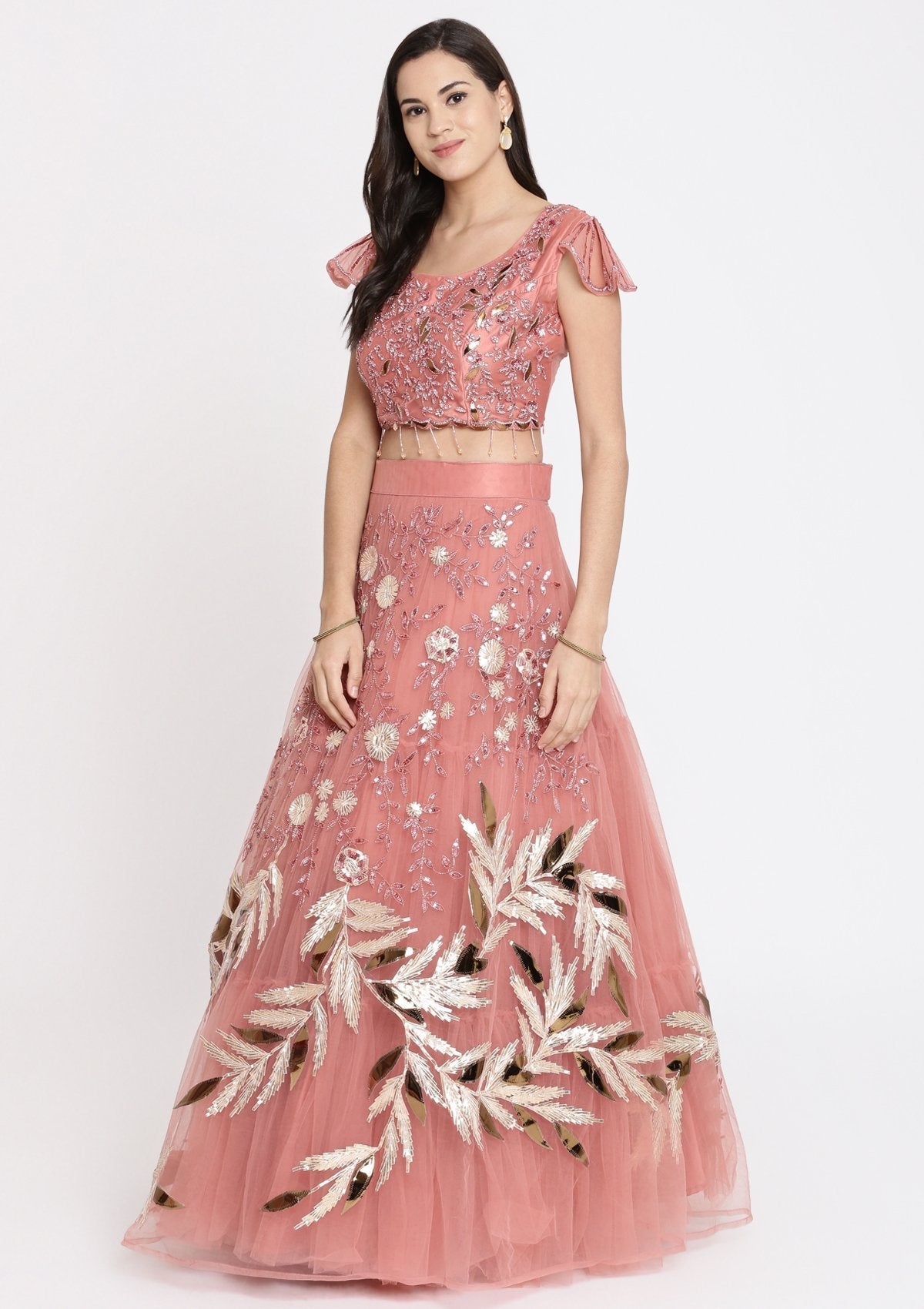 Onion Pink Cutdana Net Designer Lehenga-Koskii