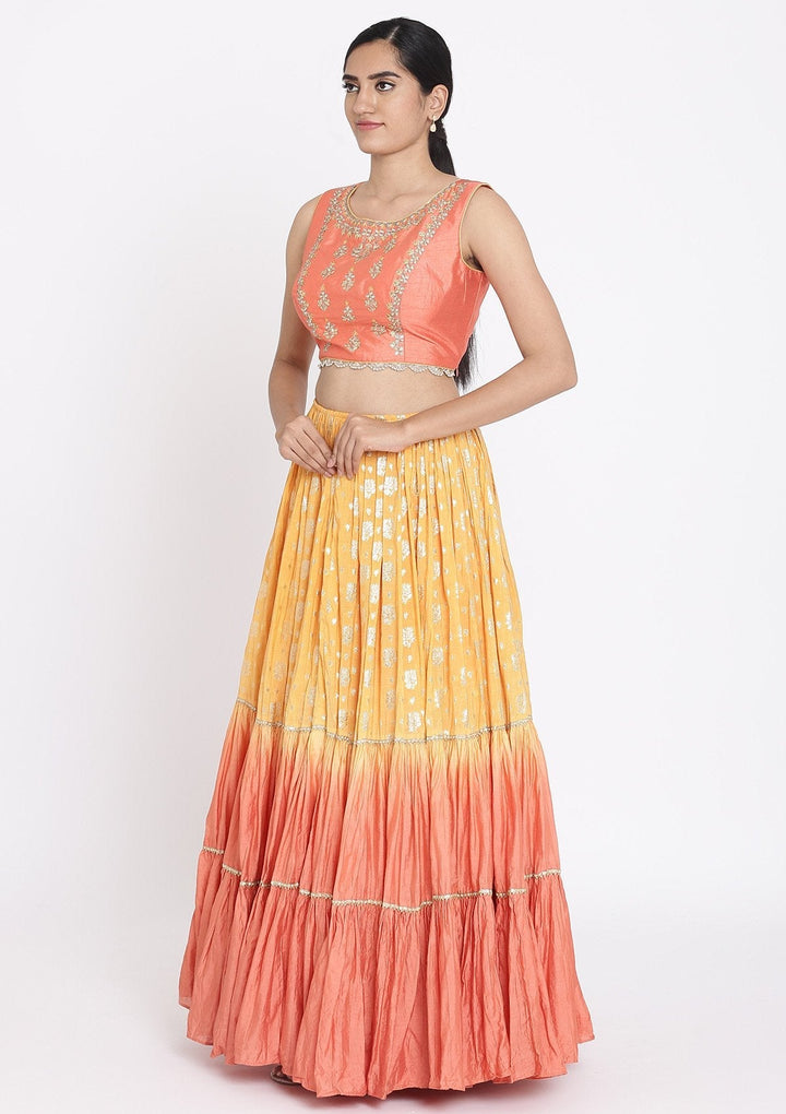 Mustard And Peach Gotapatti Art Silk Designer Lehenga - koskii
