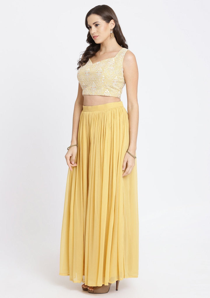 Yellow Threadwork Georgette Designer Crop Top Set-Koskii