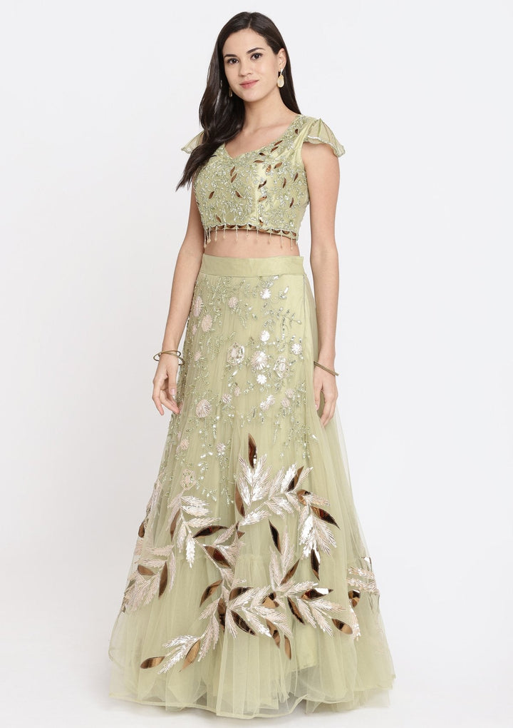 Pista Green Cutdana Net Designer Lehenga-Koskii