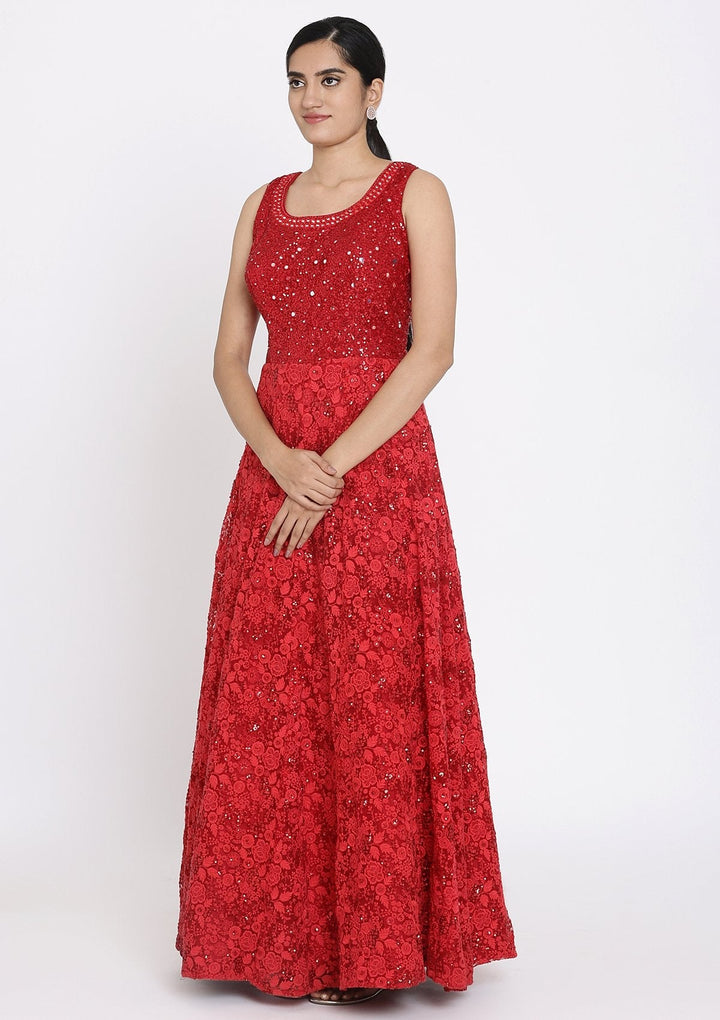 Red Chikankari Net Designer Gown - koskii