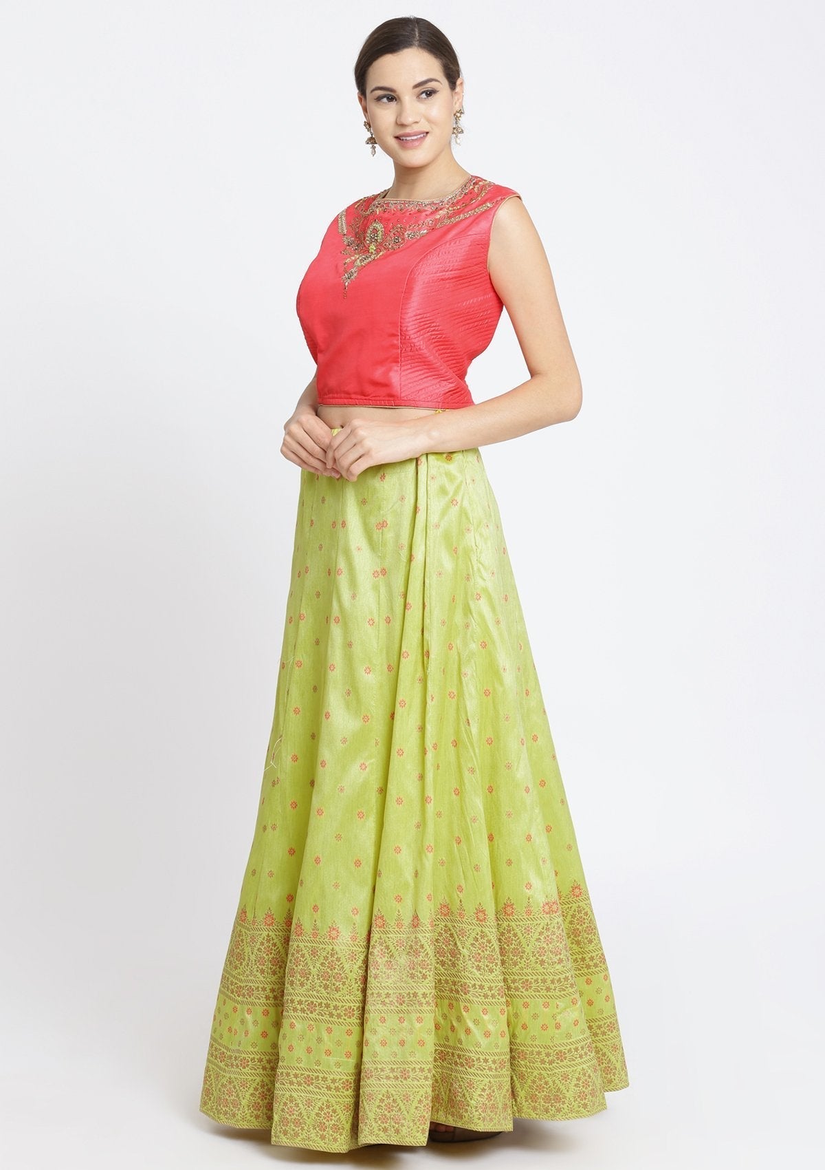 Parrot Green and Candy Pink Stonework Art Silk Designer Lehenga-Koskii