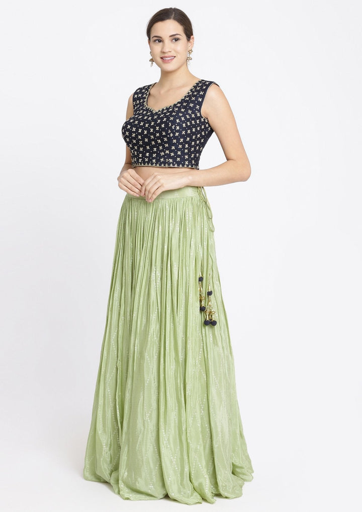 Pista Green and Navy Blue Mirrorwork Satin Designer Lehenga-Koskii