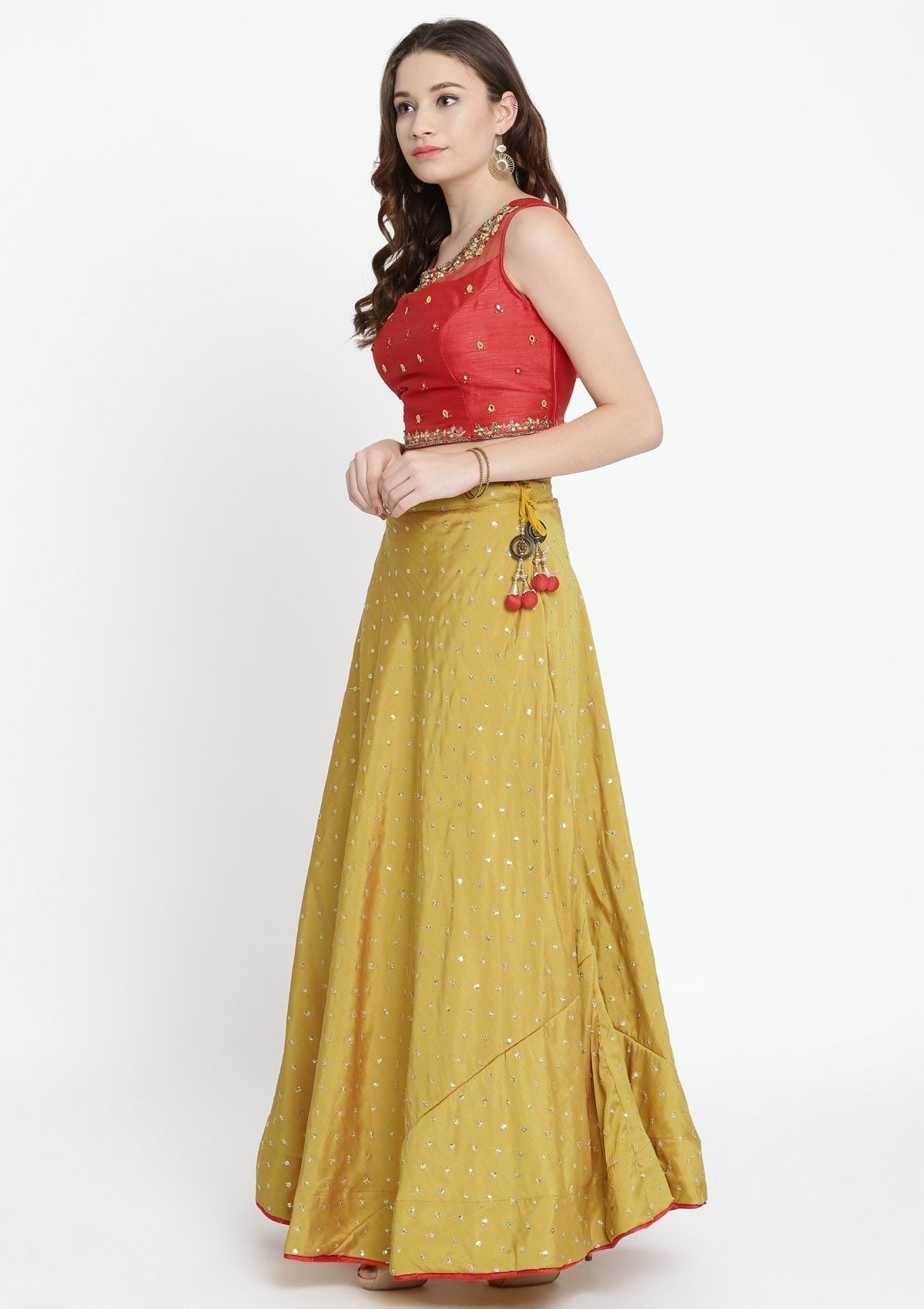 Mustard Mirrorwork Raw Silk Designer Lehenga-Koskii