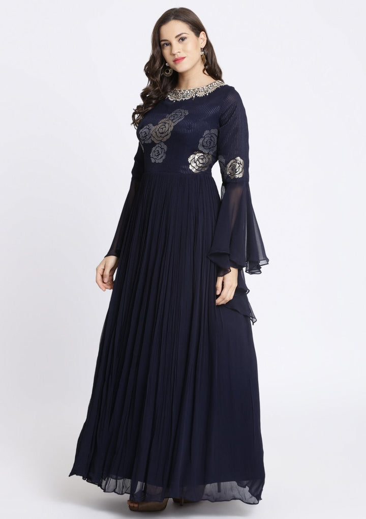 Navy Blue Sequinned Georgette Designer Gown-Koskii