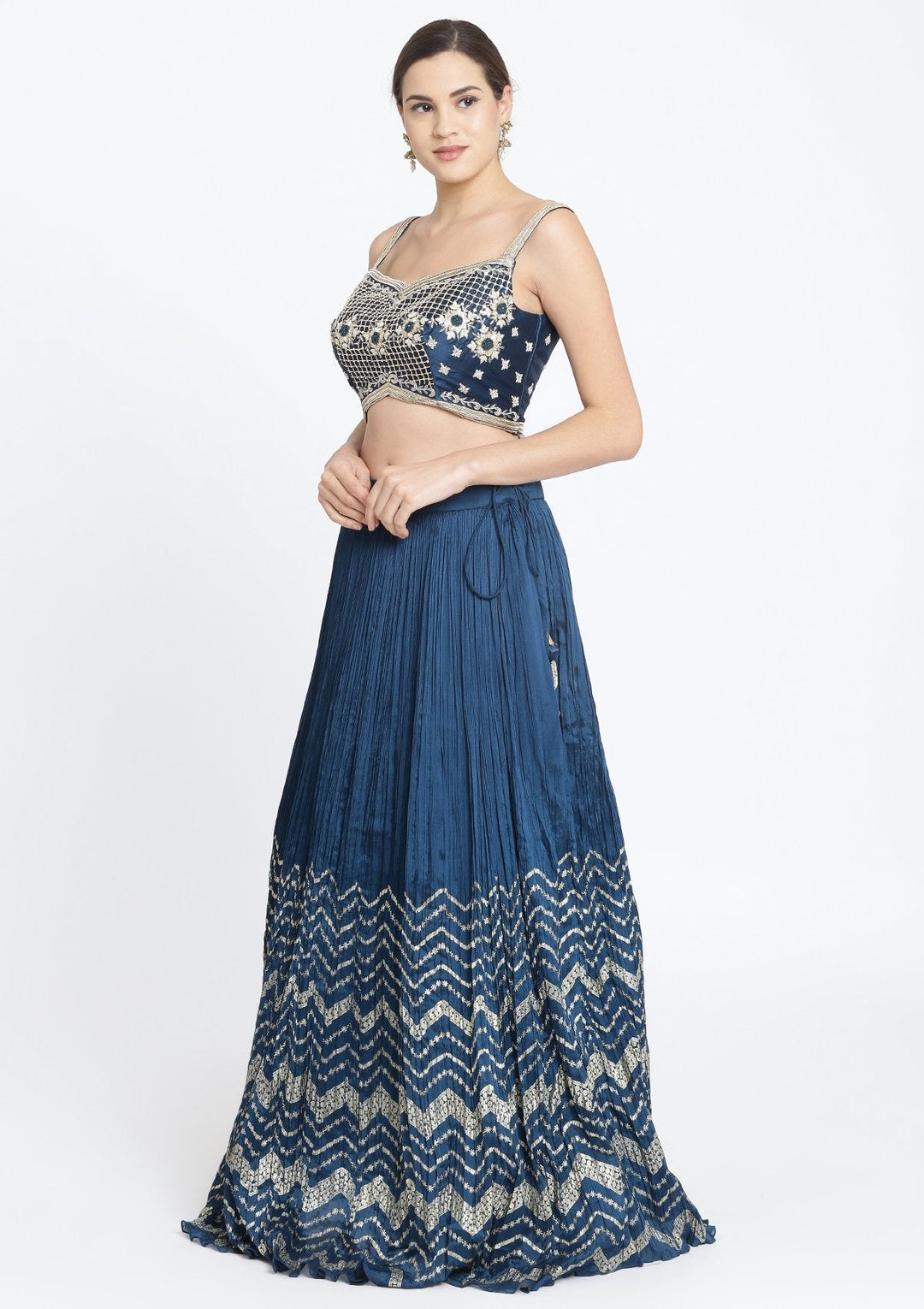 Peacock Blue Zardosi Art Silk Designer Lehenga-Koskii