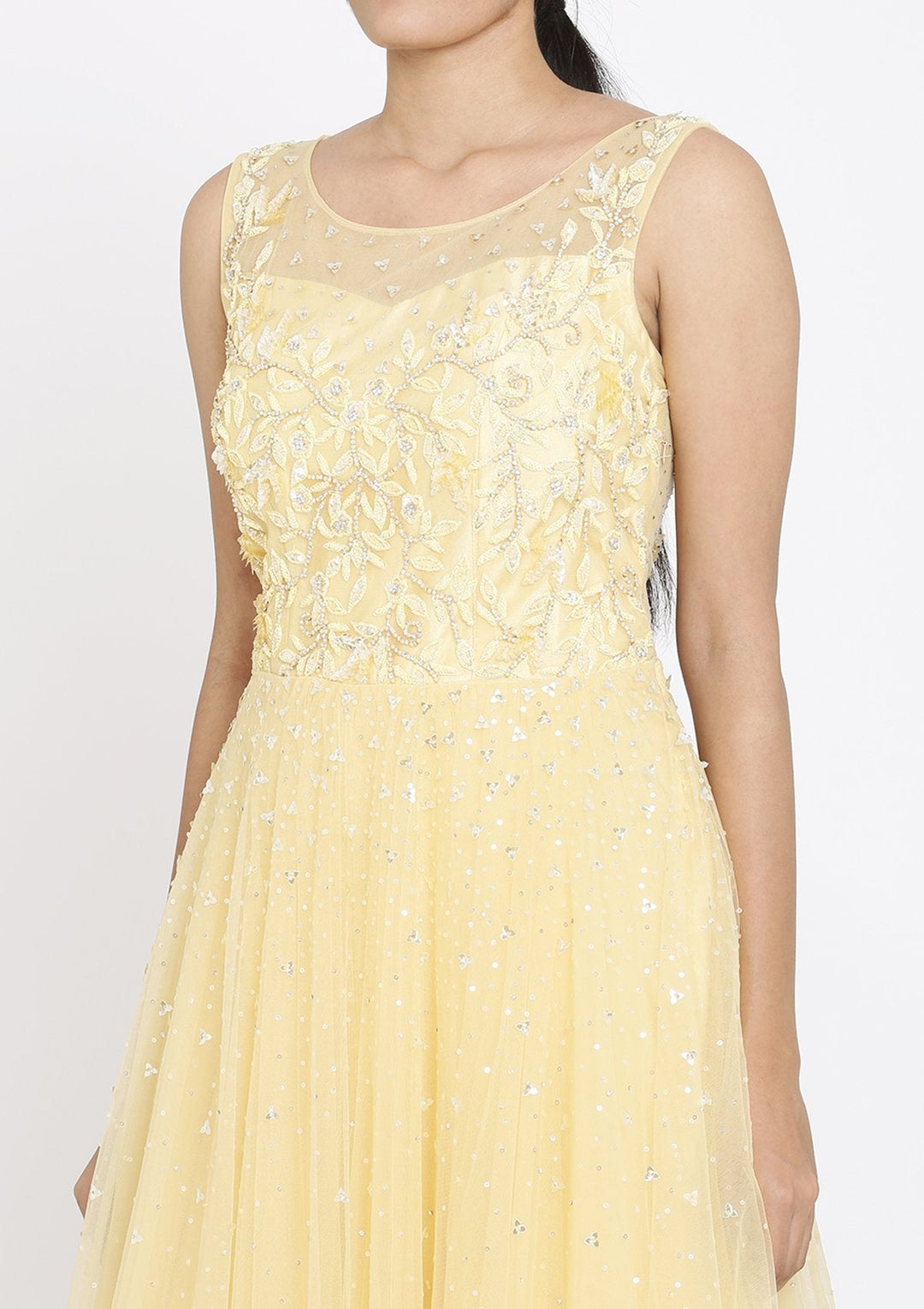 Yellow Cutdana Net Designer Gown - koskii