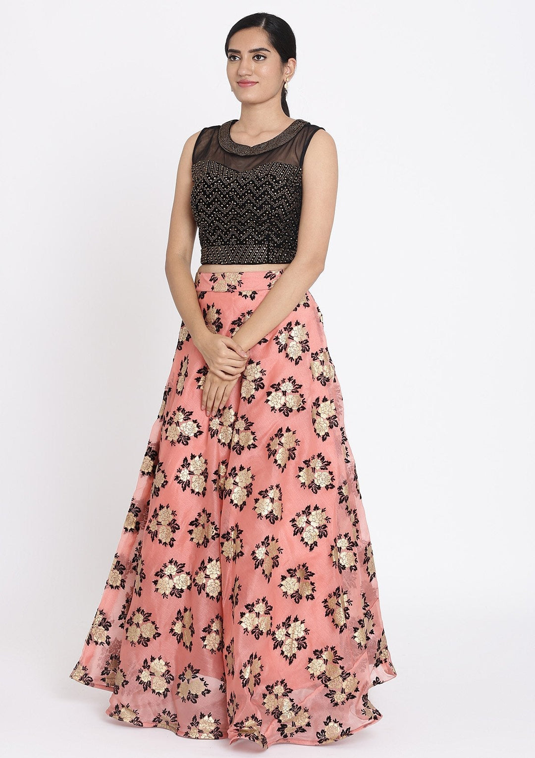 Pink And Black Swarovski Tissue Designer Lehenga - koskii