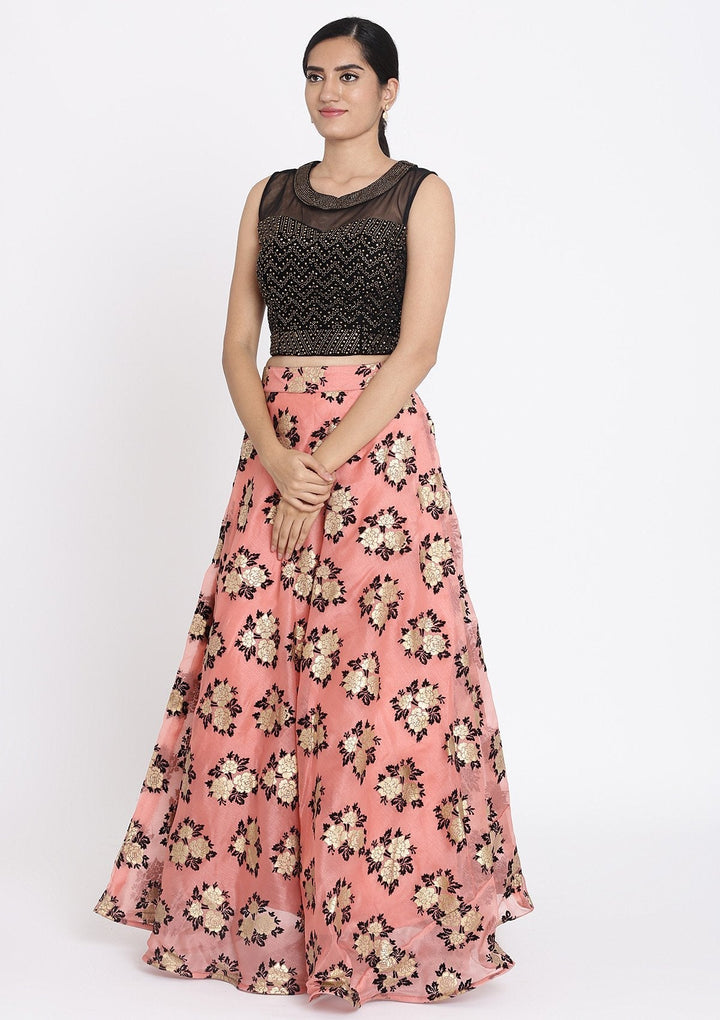 Pink And Black Swarovski Tissue Designer Lehenga - koskii