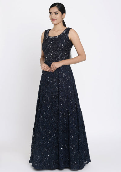 Navy Blue Chikankari Net Designer Gown - koskii