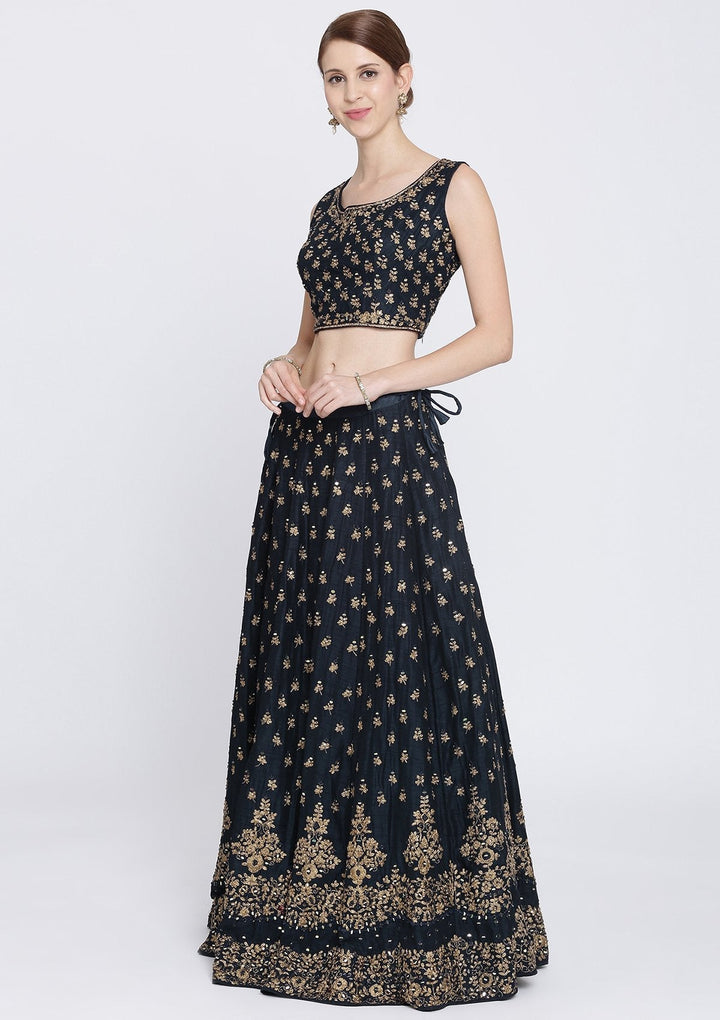 Navy Blue Mirrorwork Net Designer Lehenga-Koskii
