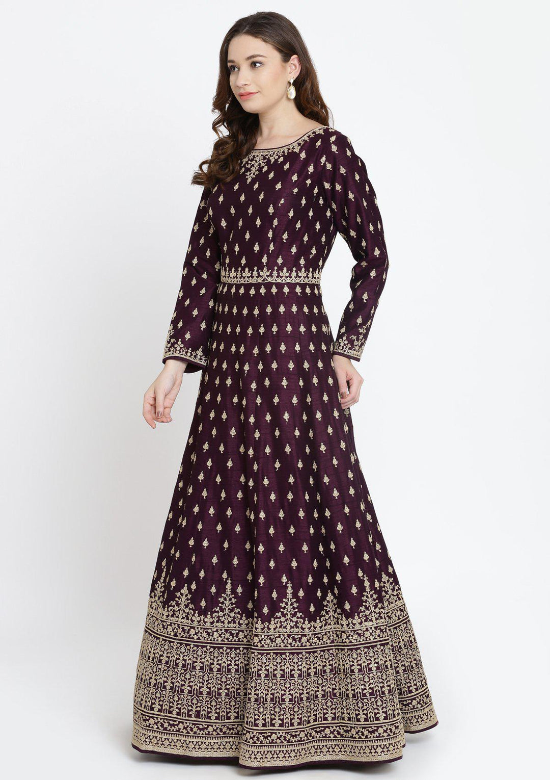 Wine Zariwork Raw Silk Designer Gown-Koskii
