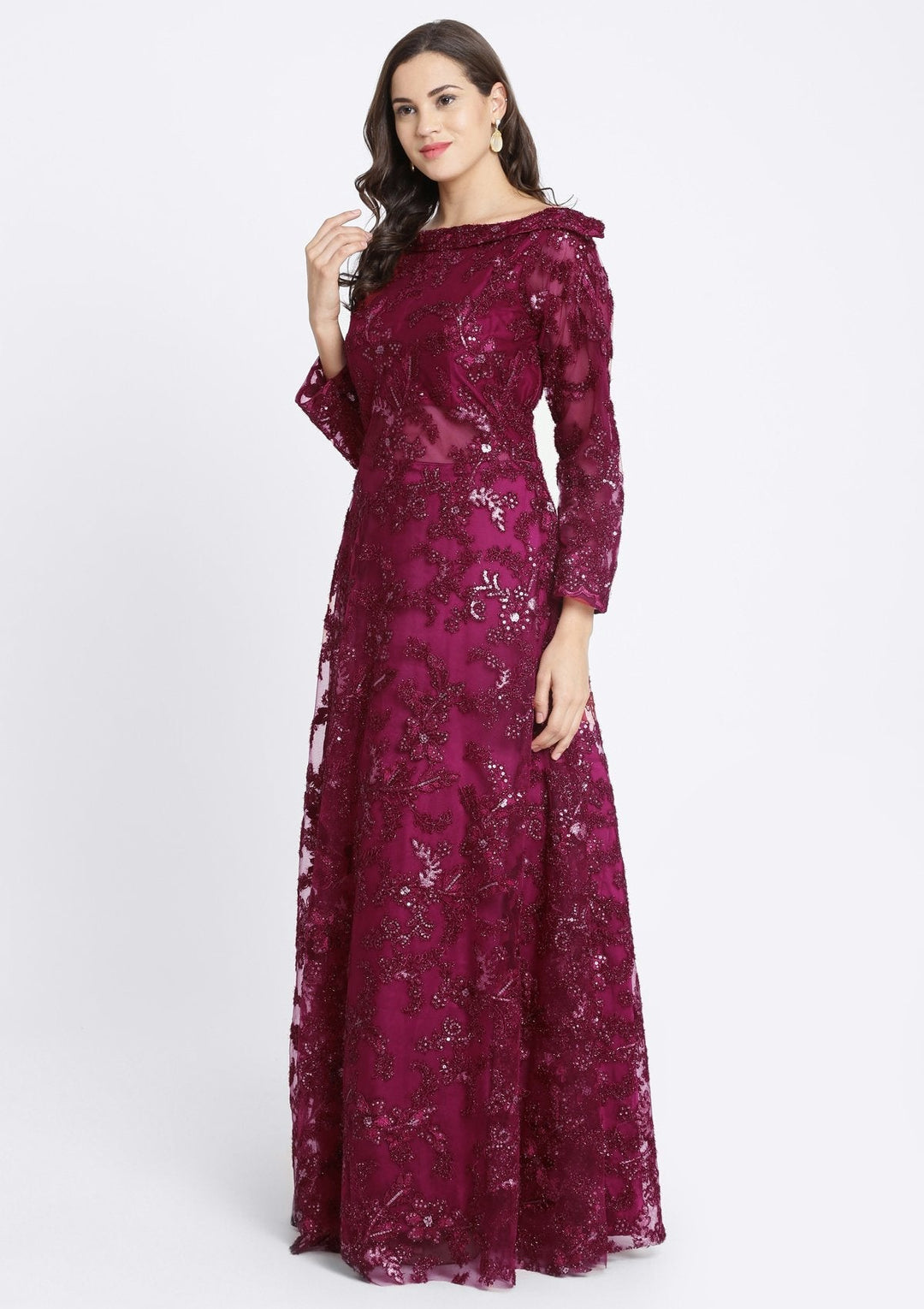 Maroon Sequinned Net Designer Gown-Koskii
