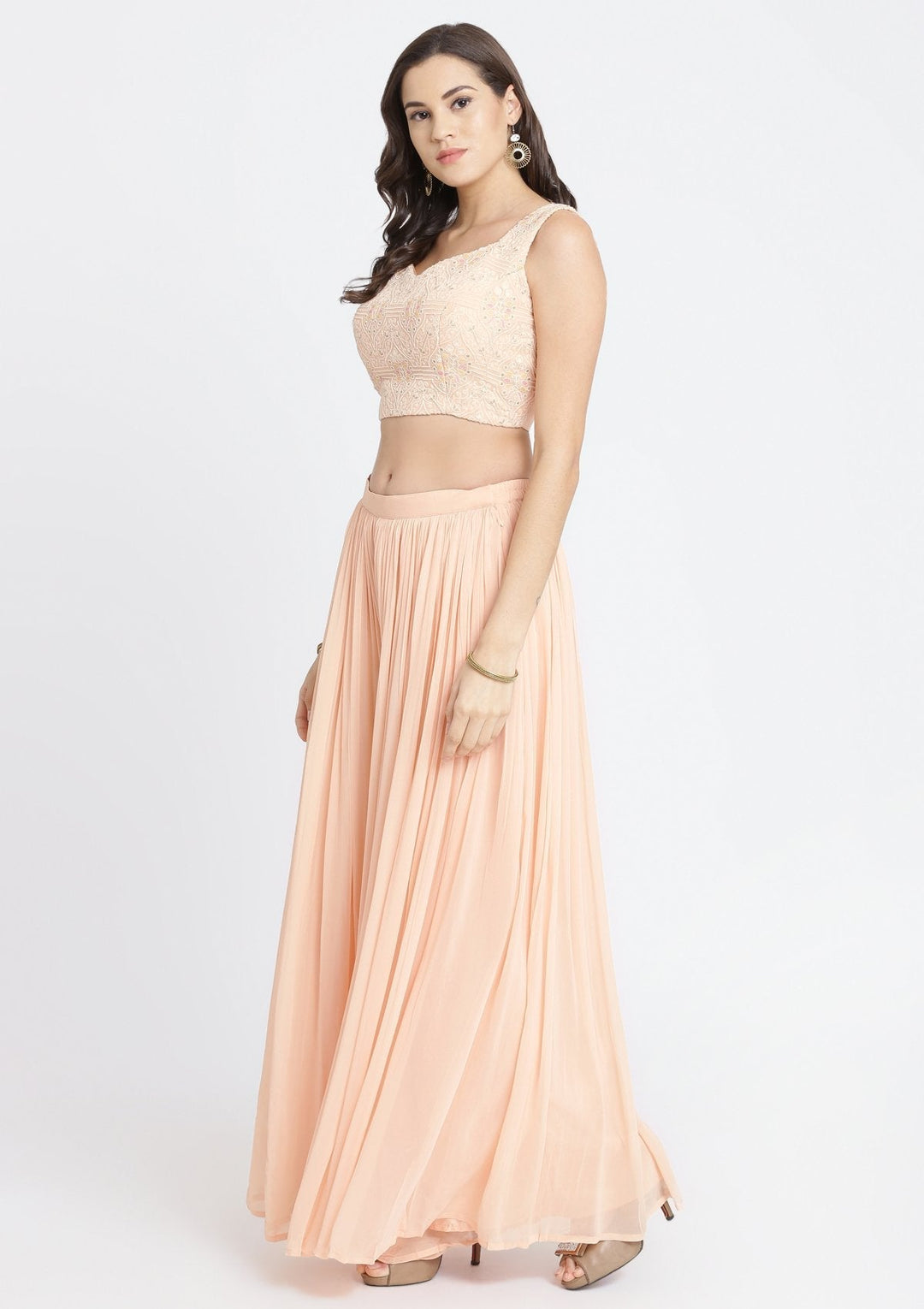 Peach Threadwork Georgette Designer Crop Top Set-Koskii