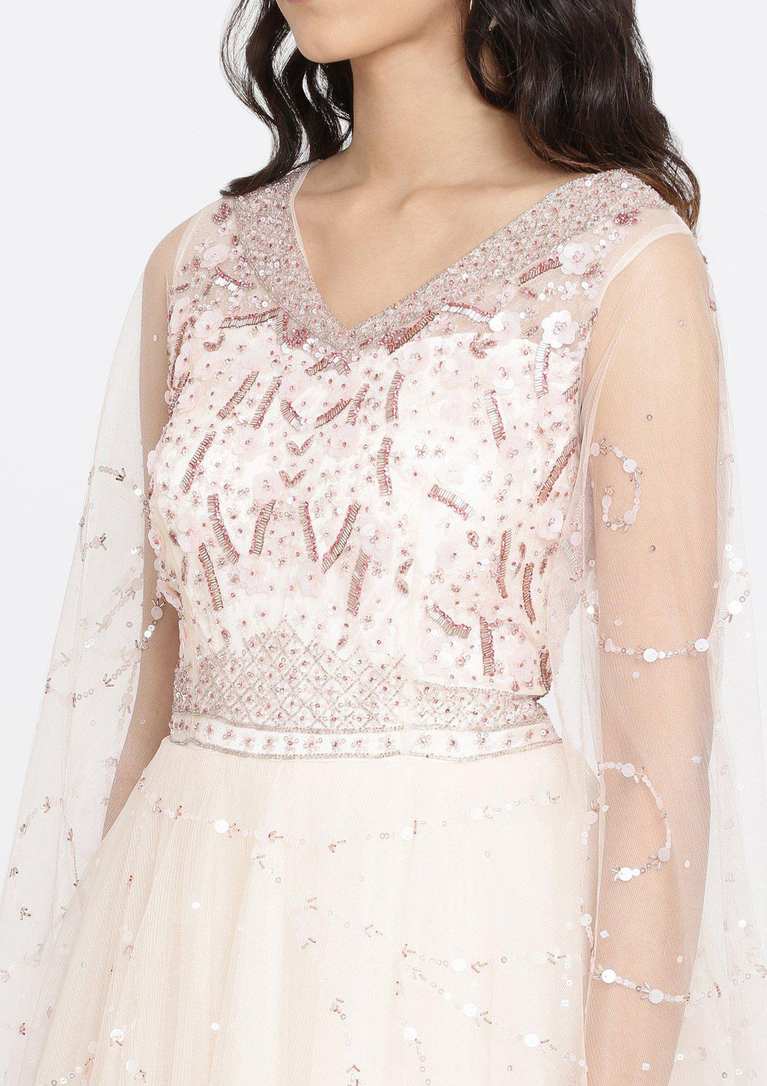 Cream Cutdana Net Designer Gown-Koskii