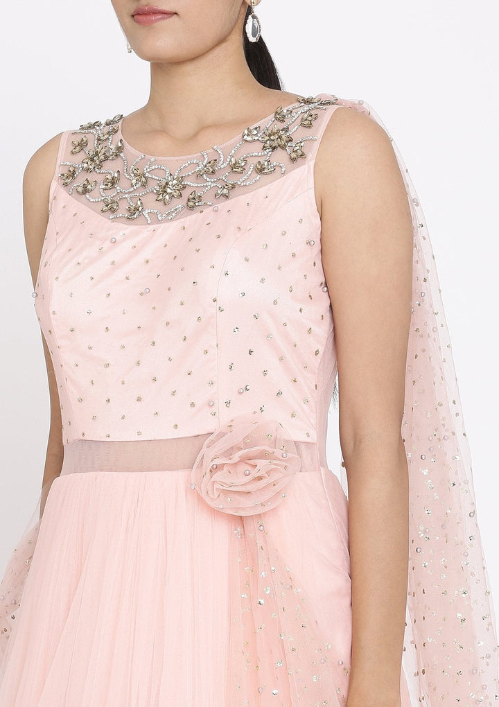 Baby Pink Stonework Net Designer Gown - koskii