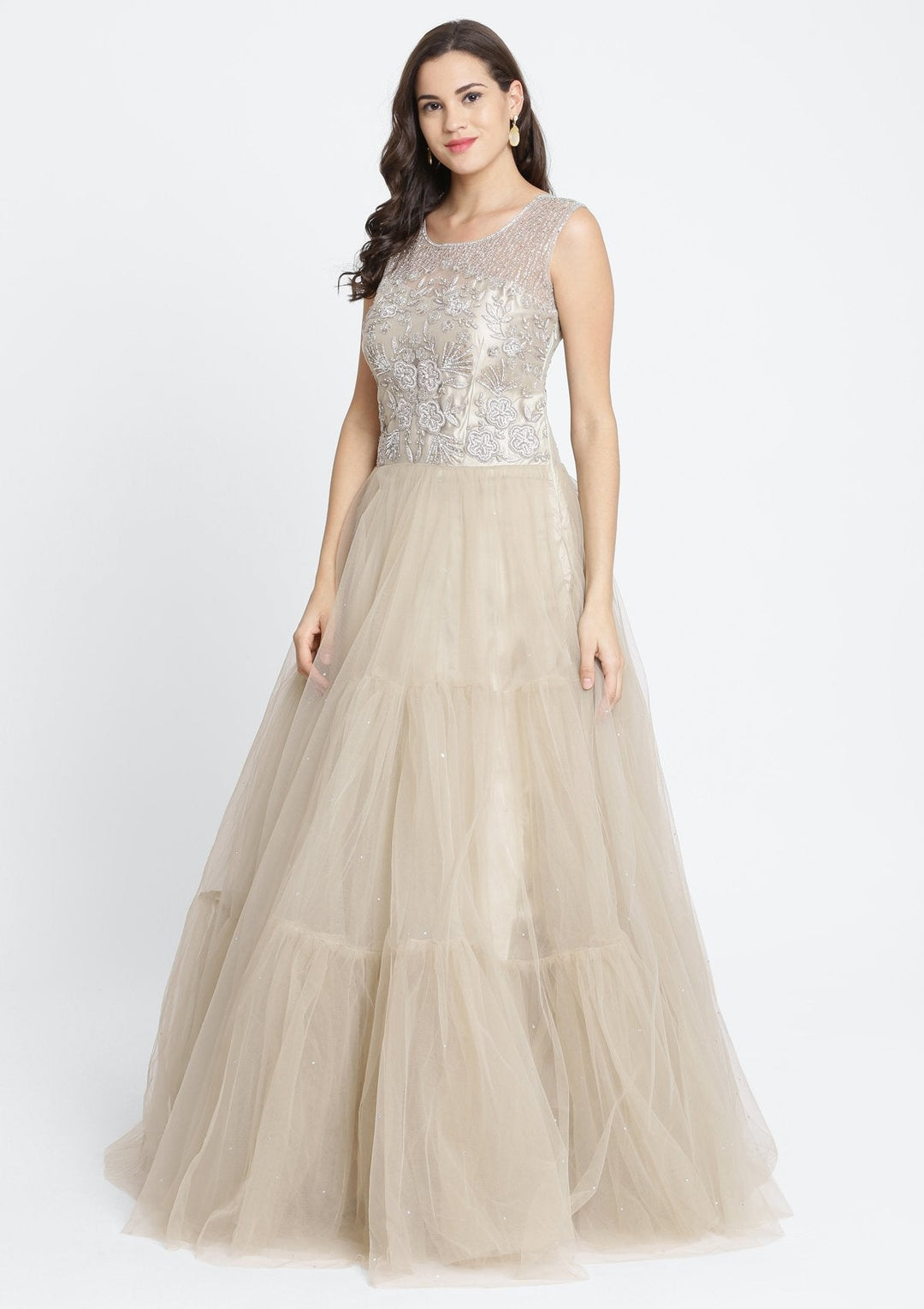 Light Brown Silver Stonework Net Designer Gown-Koskii
