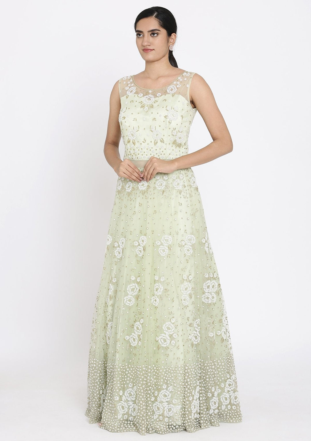 Pista Green Cutdana Net Designer Gown - koskii