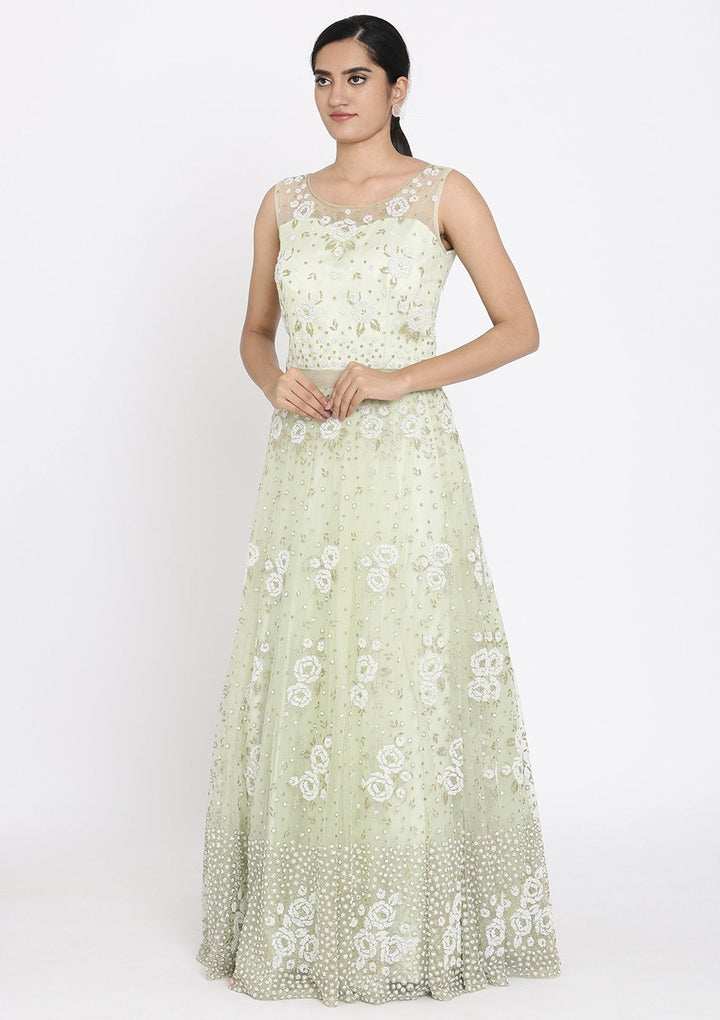 Pista Green Cutdana Net Designer Gown - koskii