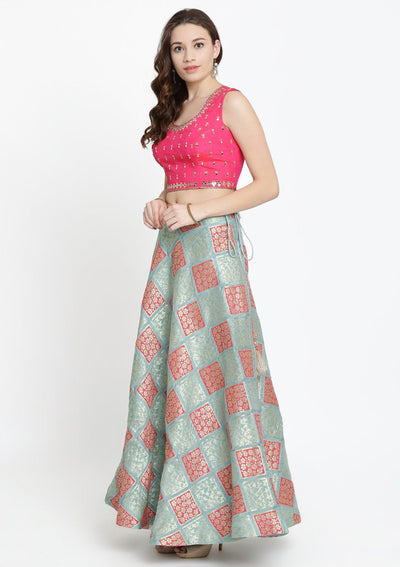 Pista Green and Fuschia Mirrorwork Brocade Designer Lehenga-Koskii