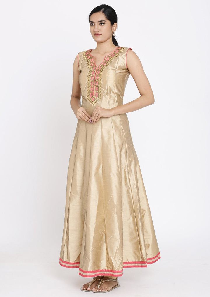 Gold Stonework Raw Silk Designer Gown - koskii