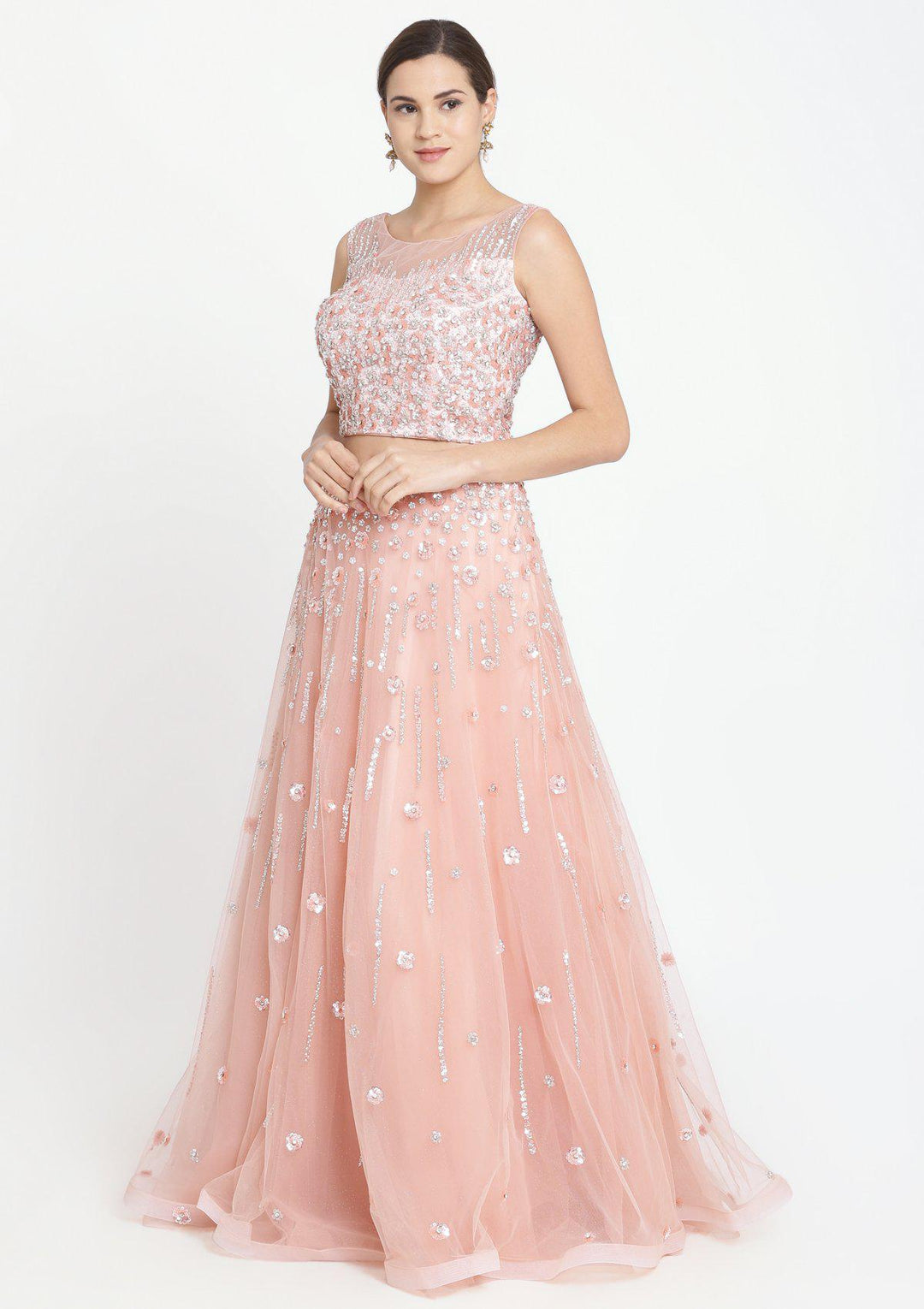 Misty Rose Sequins Net Designer Lehenga-Koskii