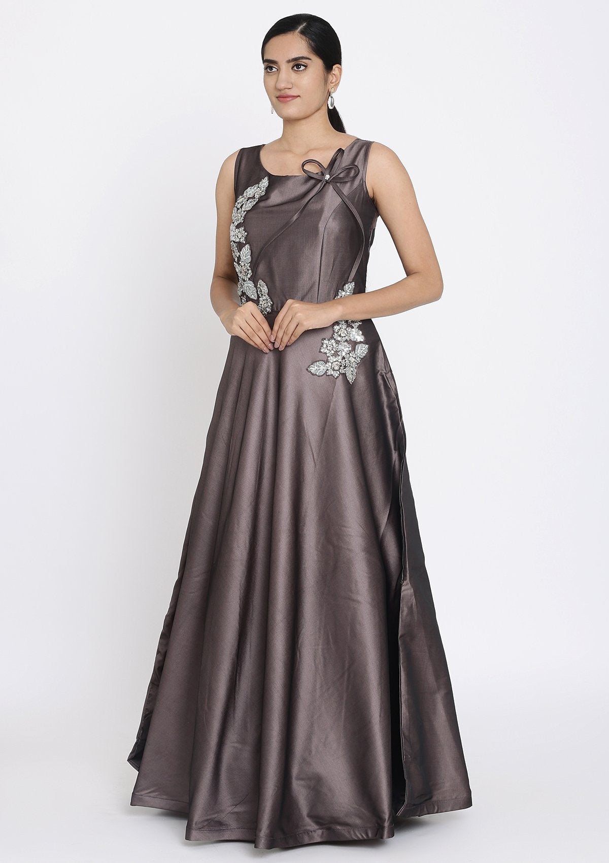 Lavender Sequins Taffeta Silk Designer Gown - koskii