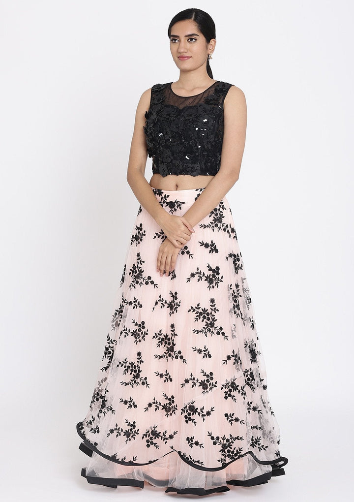 Baby Pink And Black Applique Net Designer Lehenga - koskii