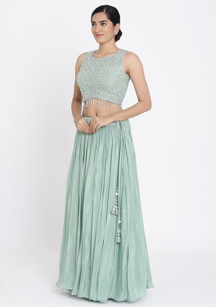 Pista Green Sequins Satin Designer Lehenga - koskii