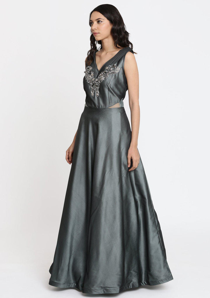 Mehendi Cutdana Taffeta Silk Designer Gown-Koskii