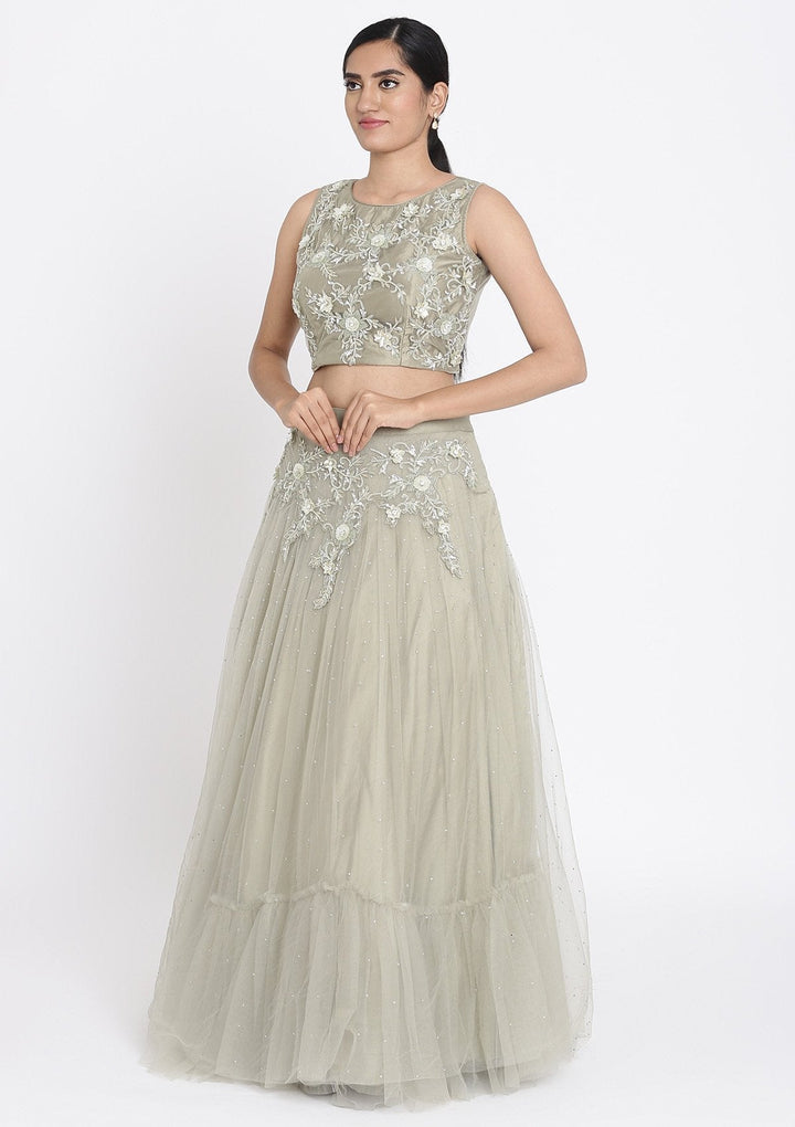 Pista Green Cutdana Net Designer Lehenga - koskii