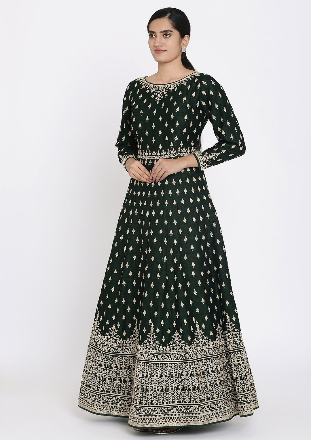 Bottle Green Zariwork Raw Silk Designer Gown - koskii
