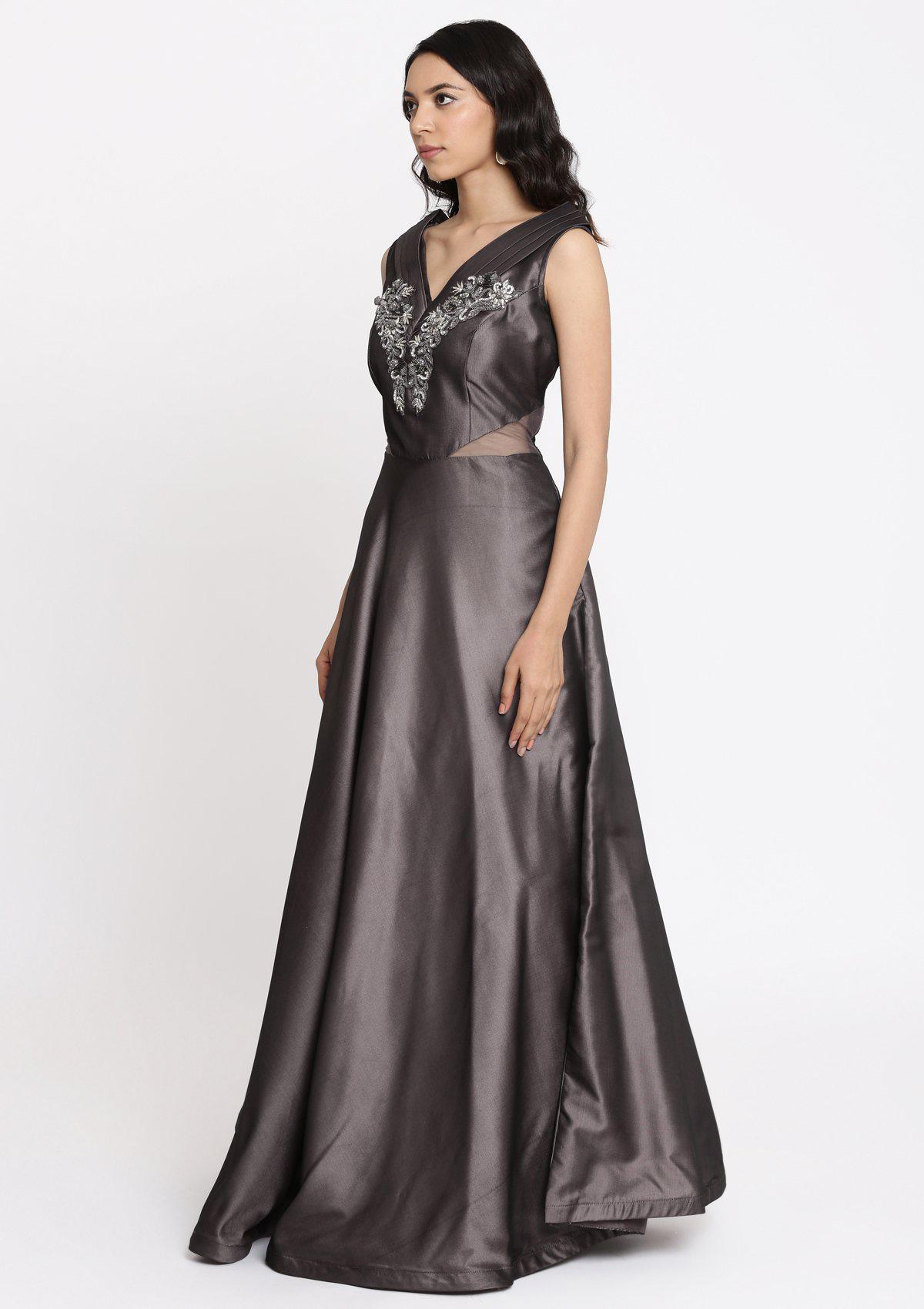 Mauve Cutdana Taffeta Silk Designer Gown-Koskii