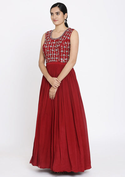 Maroon Mirrorwork Georgette Designer Gown - koskii