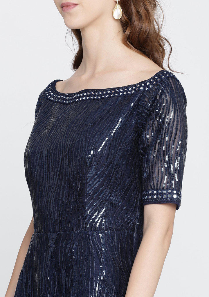 Navy Blue Sequins Net Designer Gown-Koskii