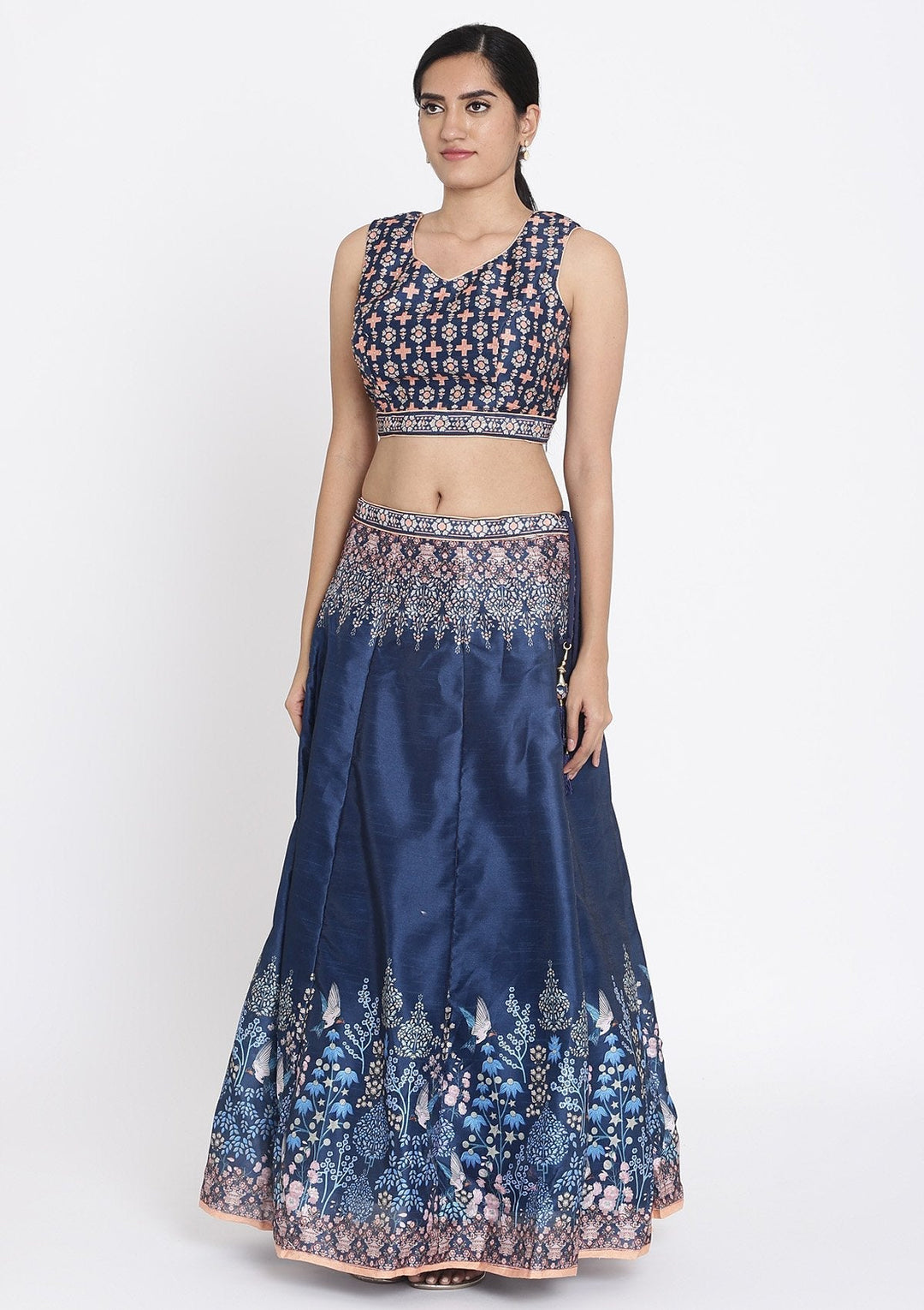 Navy Blue Printed Raw Silk Designer Lehenga - koskii