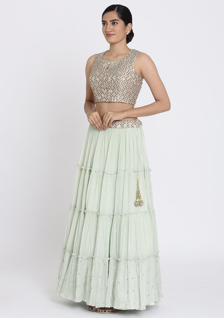 Pista Green Zariwork Art Silk Designer Lehenga - koskii