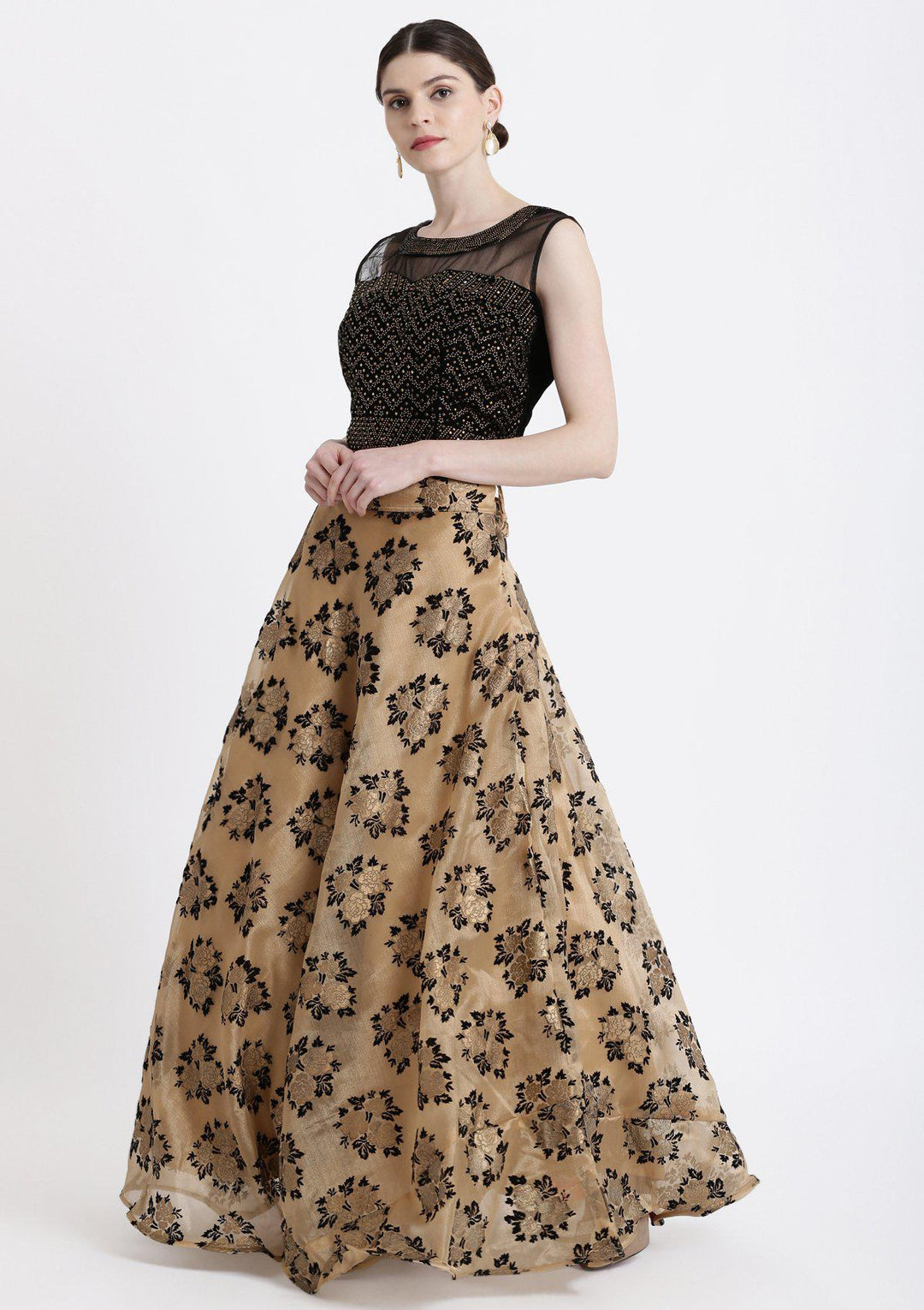 Gold Swarovski Tissue Designer Lehenga-Koskii
