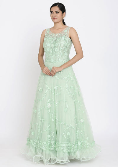 Pista Green Stonework Net Designer Gown - koskii