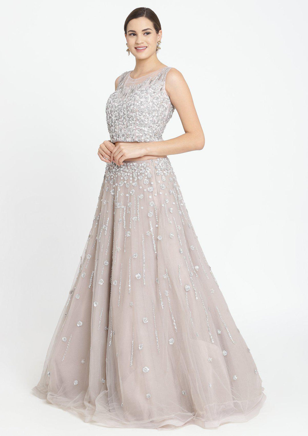 Light Grey Sequins Net Designer Lehenga-Koskii