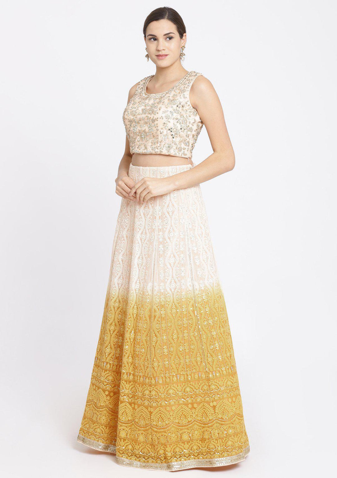 Chrome Yellow and Peach Mirrorwork Georgette Designer Lehenga-Koskii