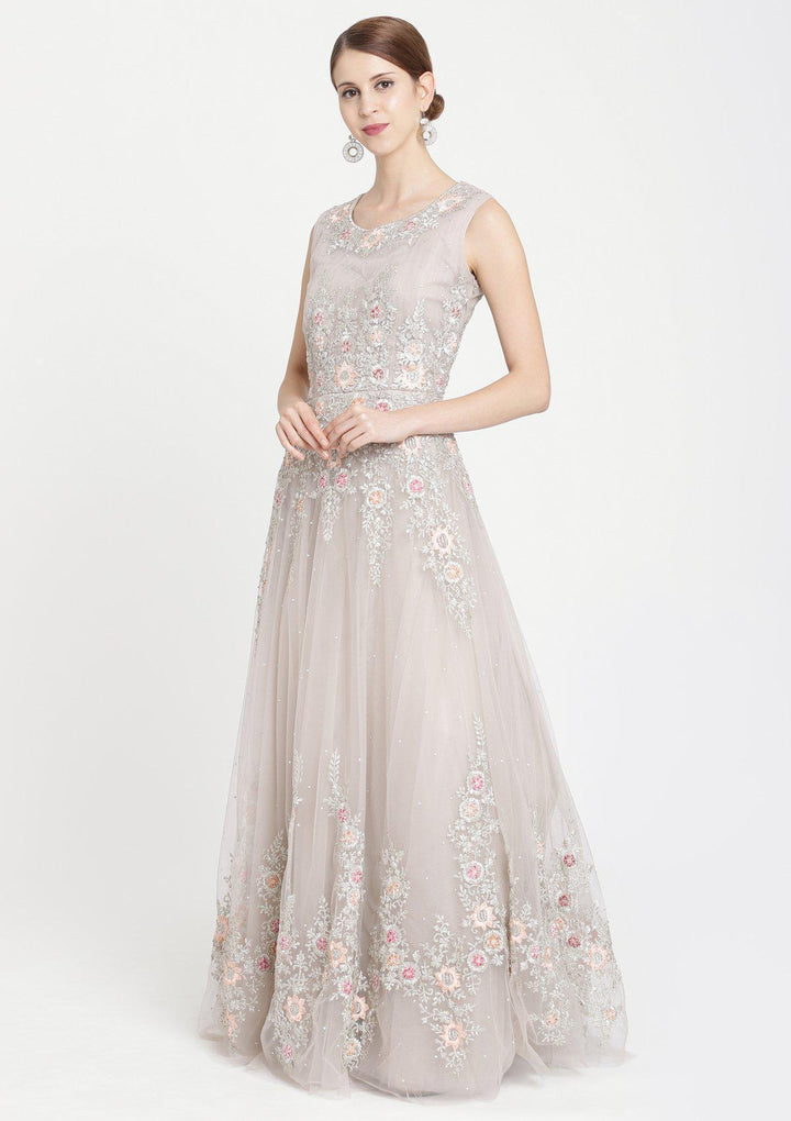 Light Grey Zariwork Net Designer Gown-Koskii