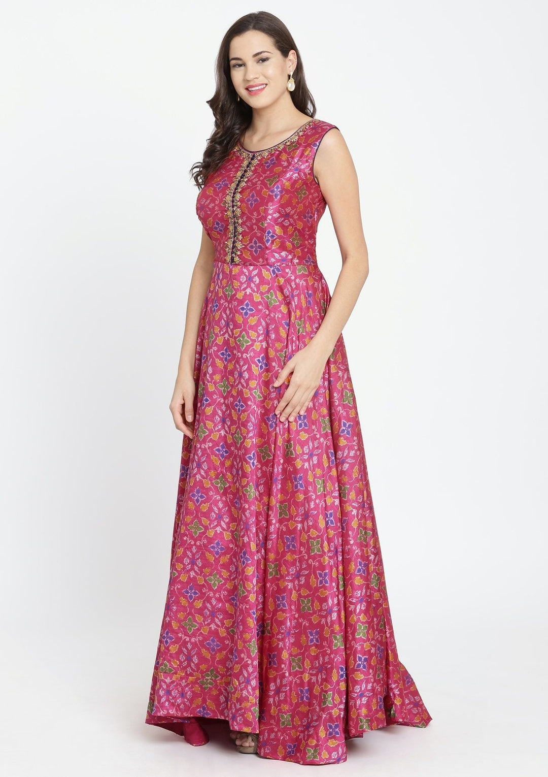 Fuschia Stonework Art Silk Designer Gown-Koskii