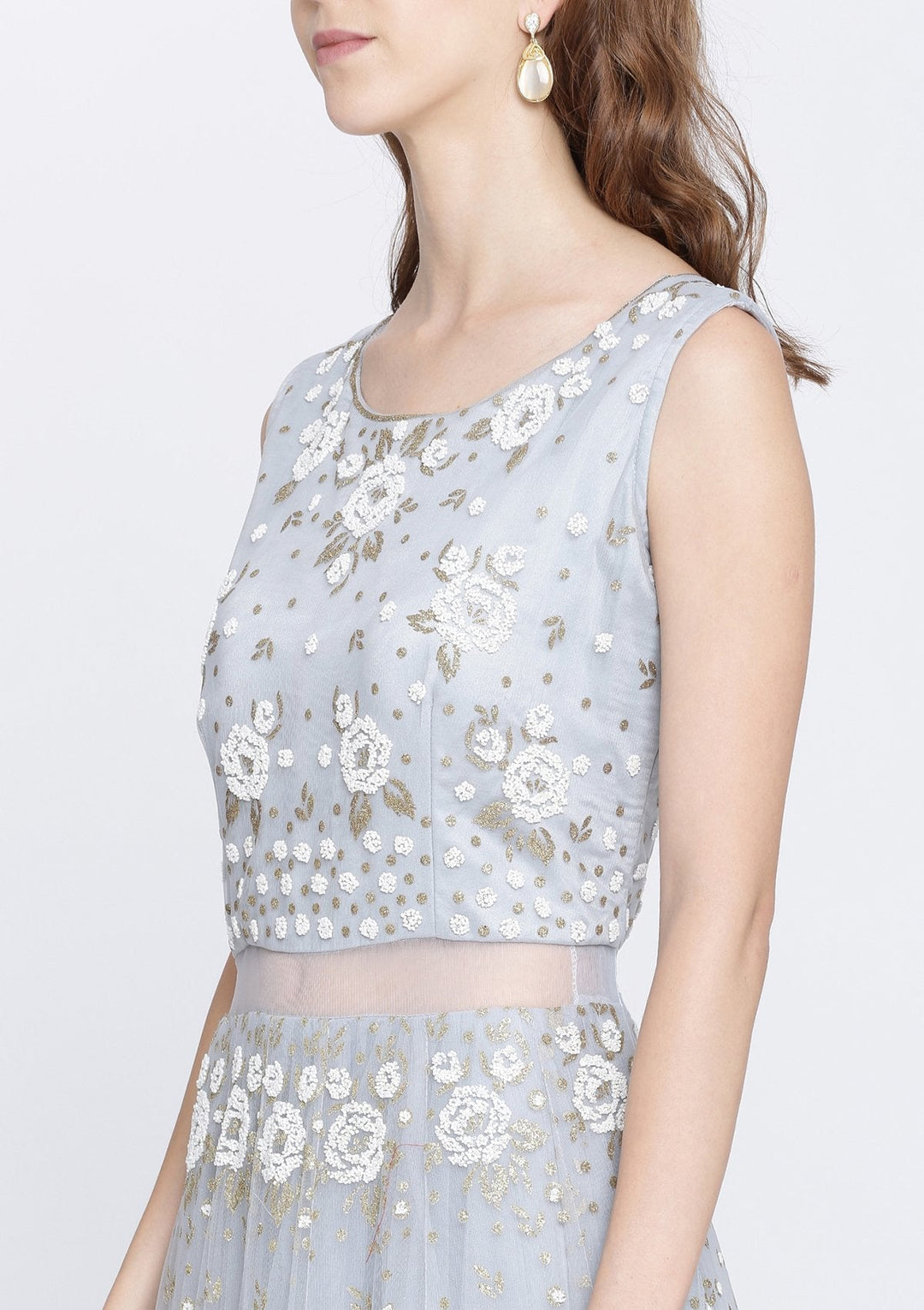 Light Grey Cutdana Net Designer Gown-Koskii