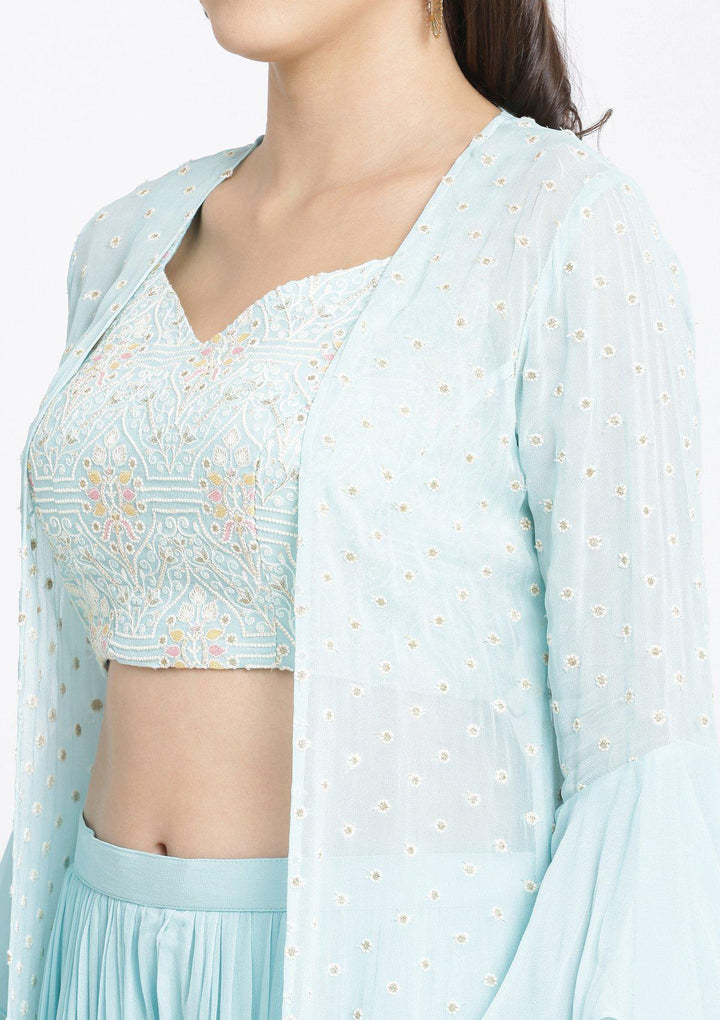 Sky Blue Threadwork Georgette Designer Crop Top Set-Koskii