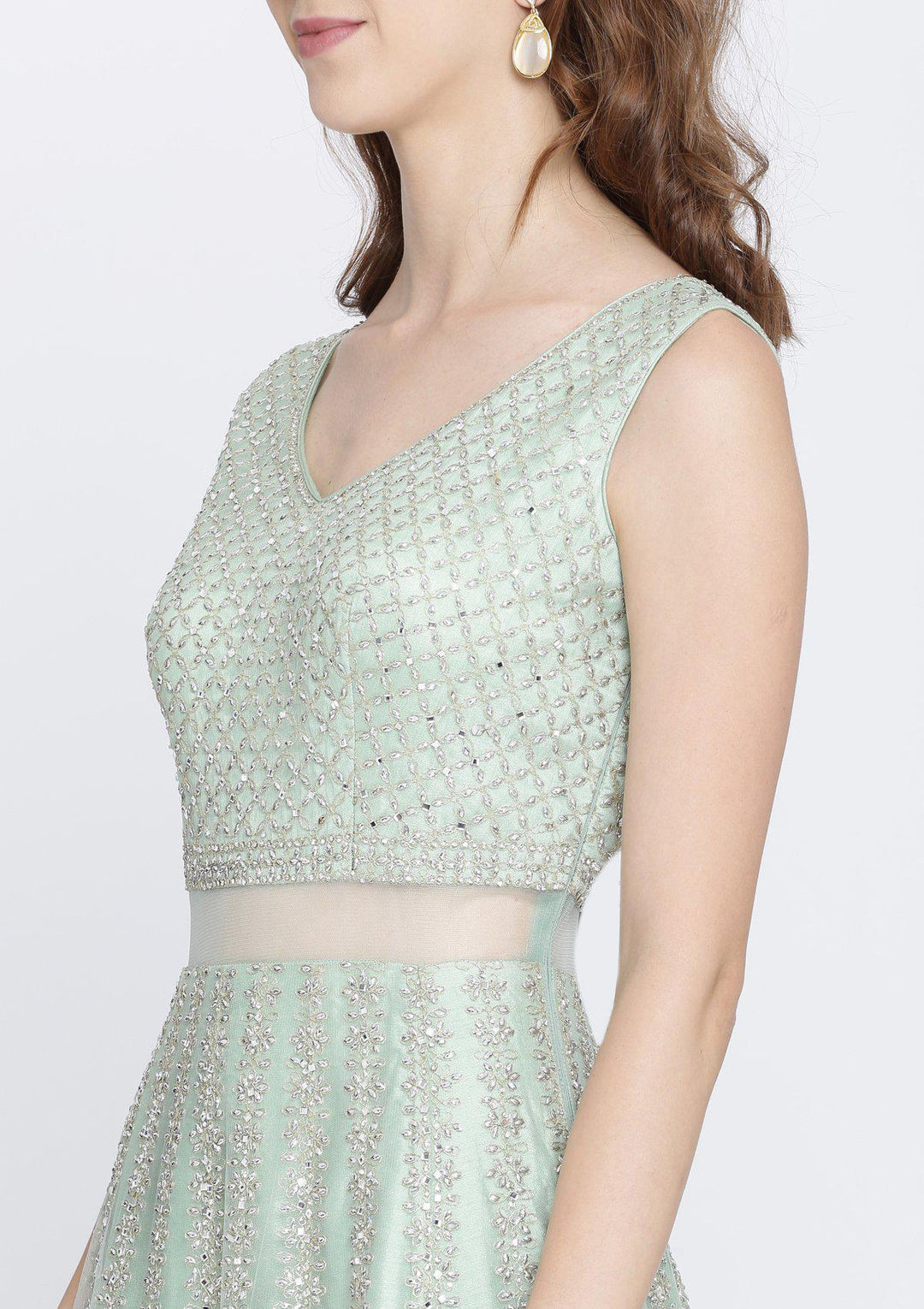 Pista Green Mirrorwork Net Designer Gown-Koskii