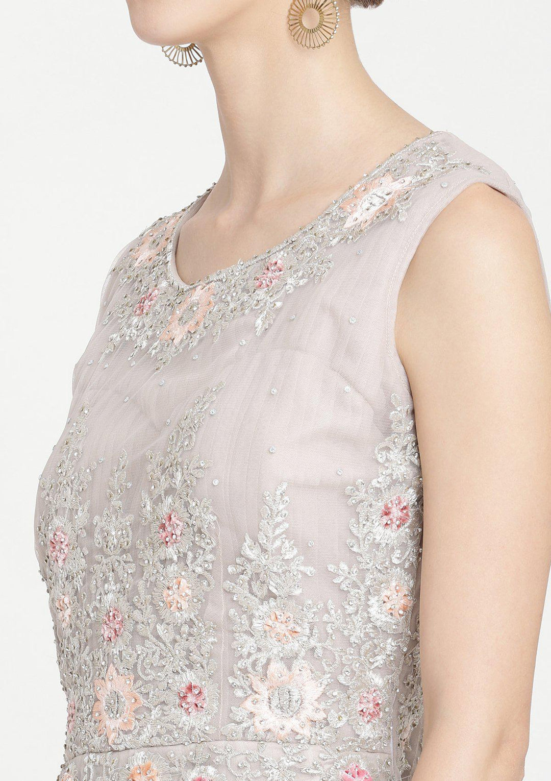 Light Grey Zariwork Net Designer Gown-Koskii