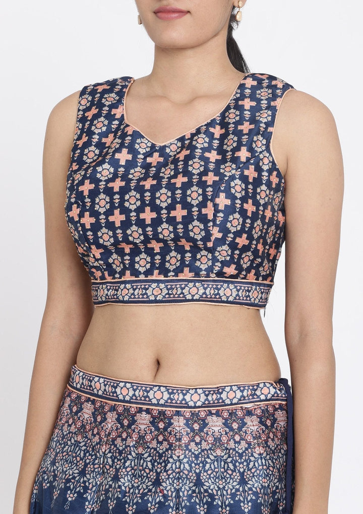 Navy Blue Printed Raw Silk Designer Lehenga - koskii