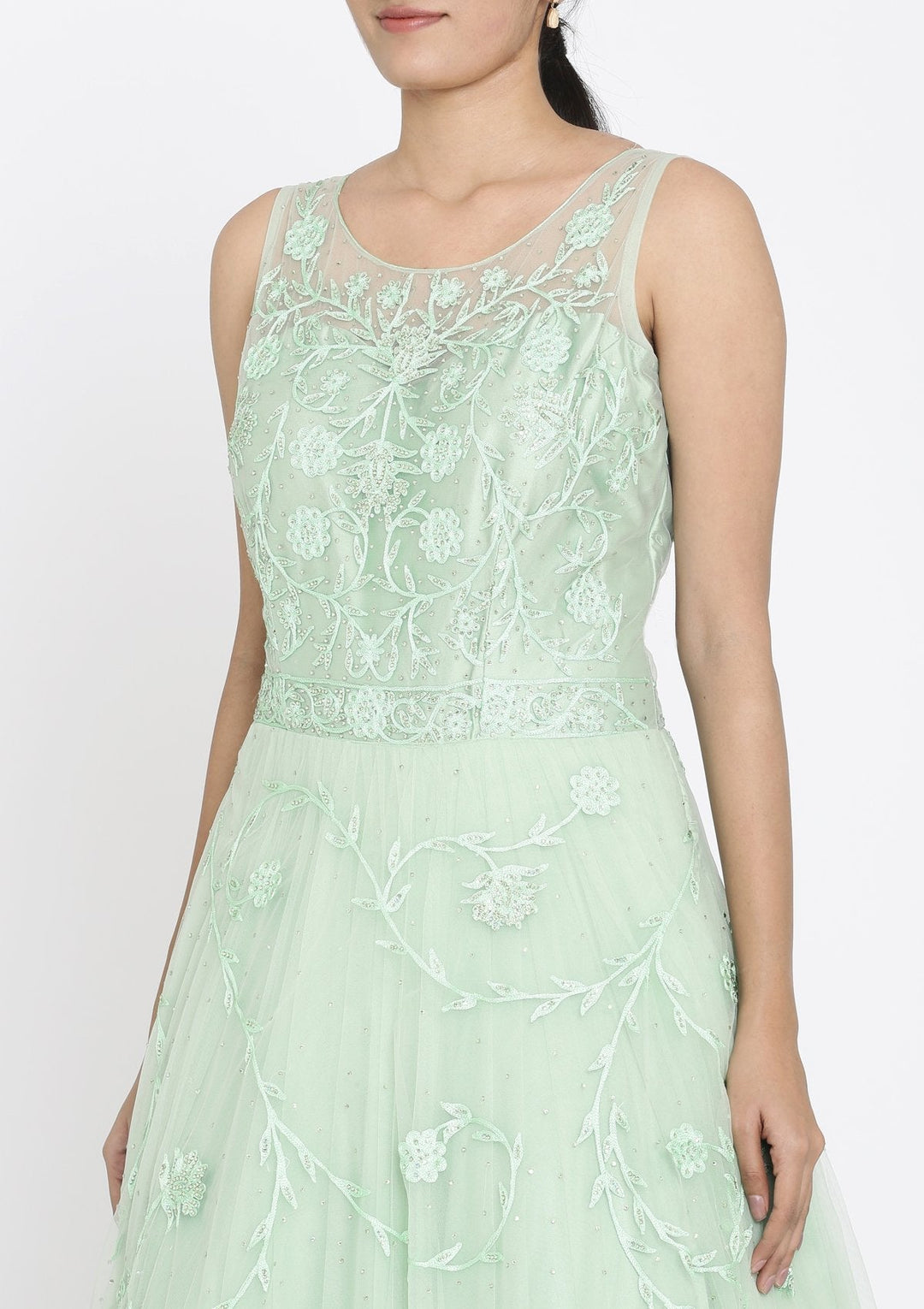 Pista Green Stonework Net Designer Gown - koskii